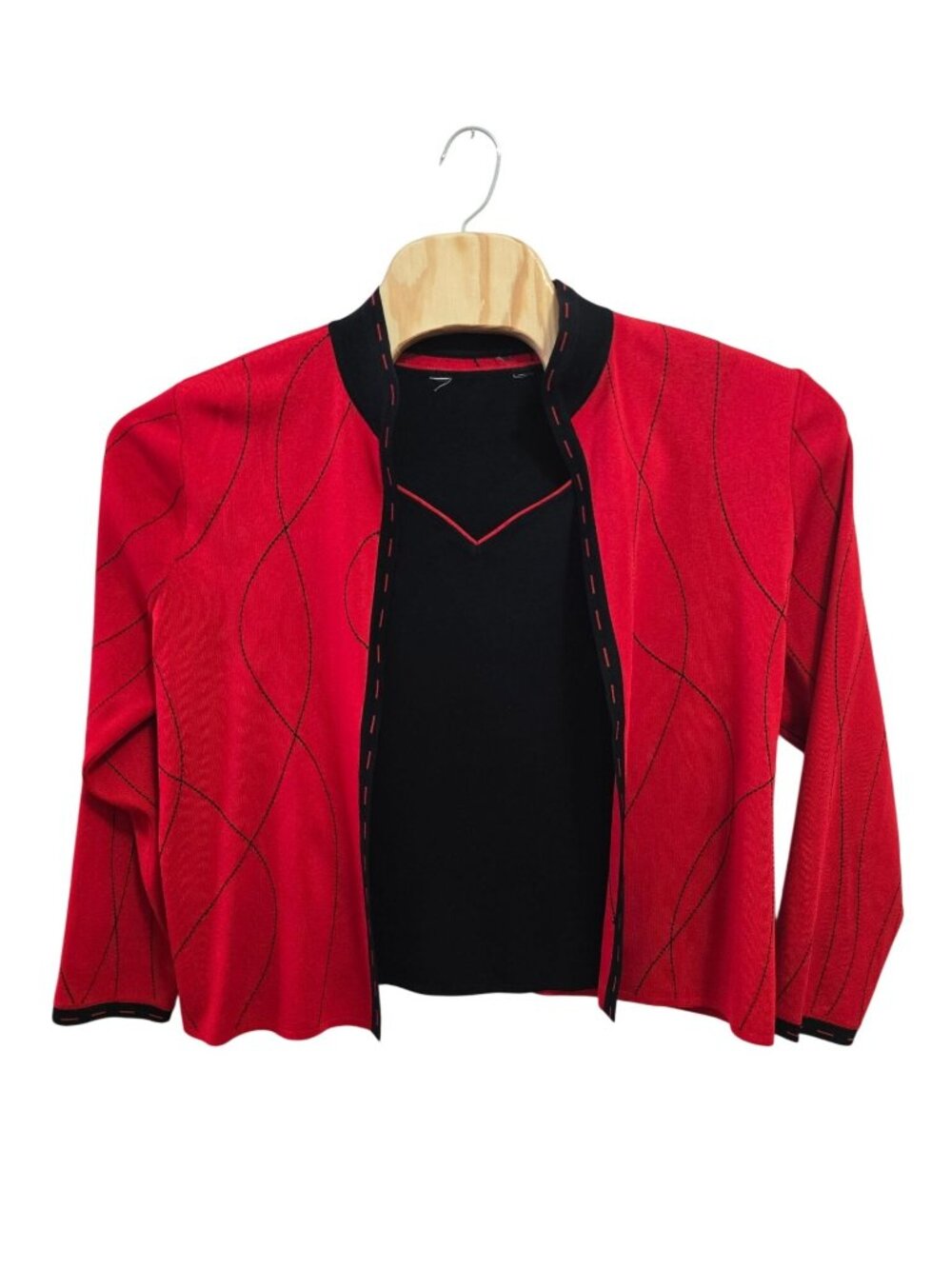 Red & Black 2-Piece Cardigan Set Sleeveless Top Geometric Stitching Y2K Work